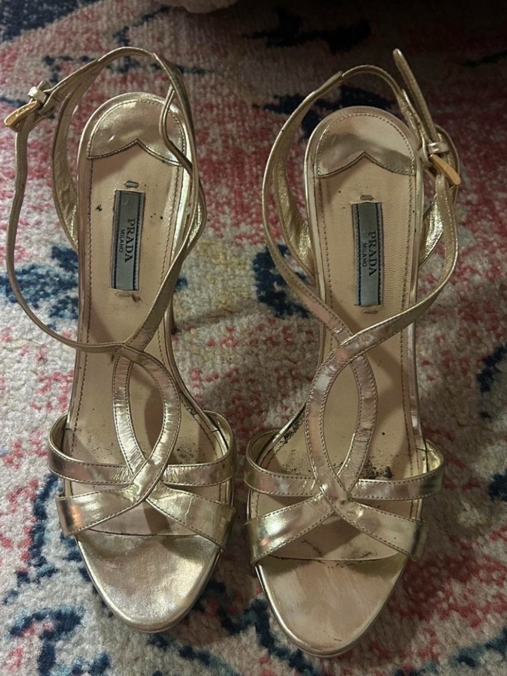 Prada Gold Metallic Strappy High Heel Sandals